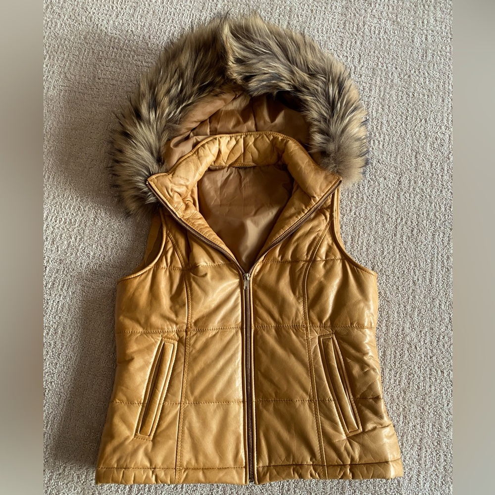 Tan Leather Puffer Vest with real fur trim hood